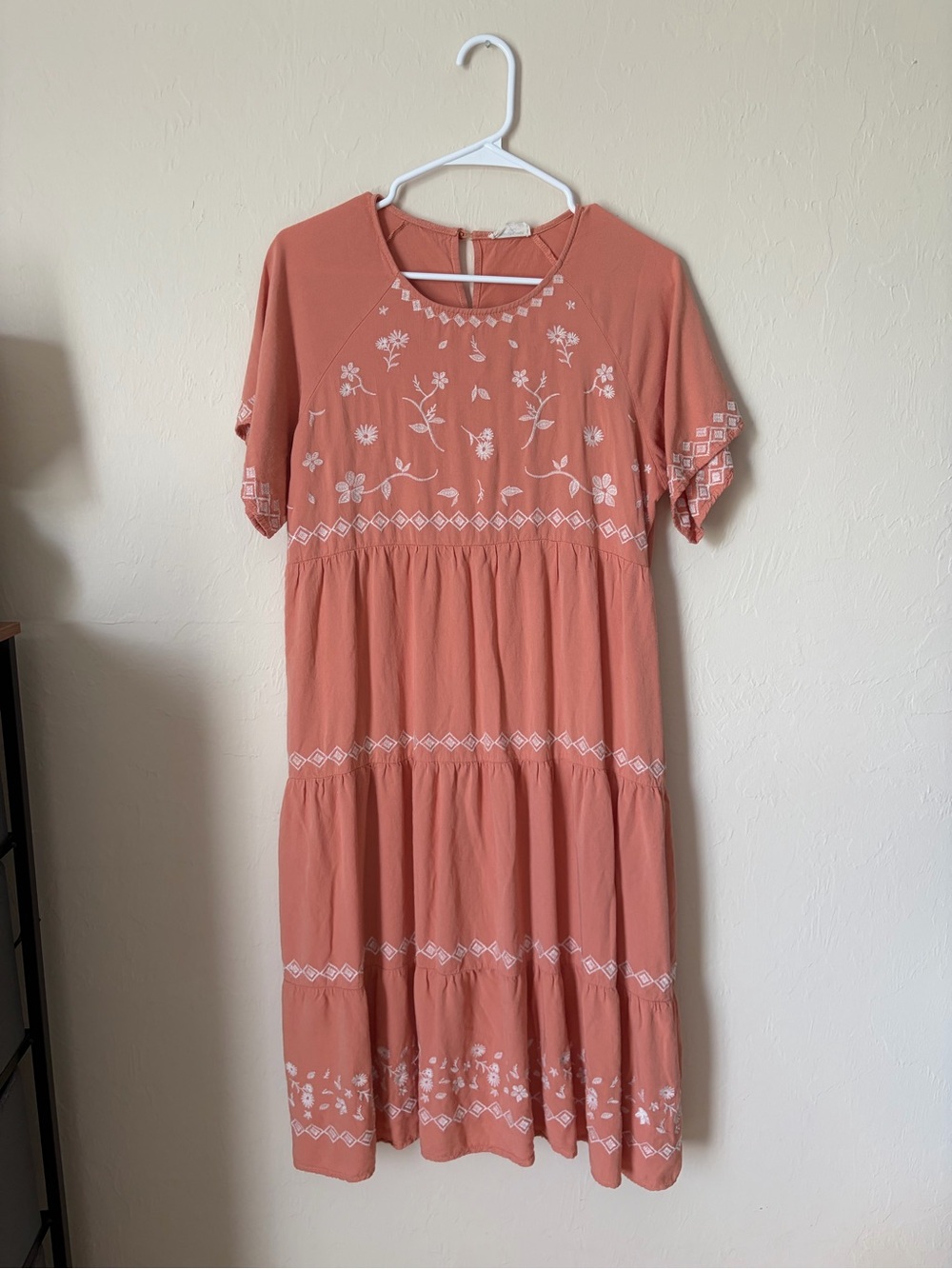 Coral Embroidered Tiered Midi Dress